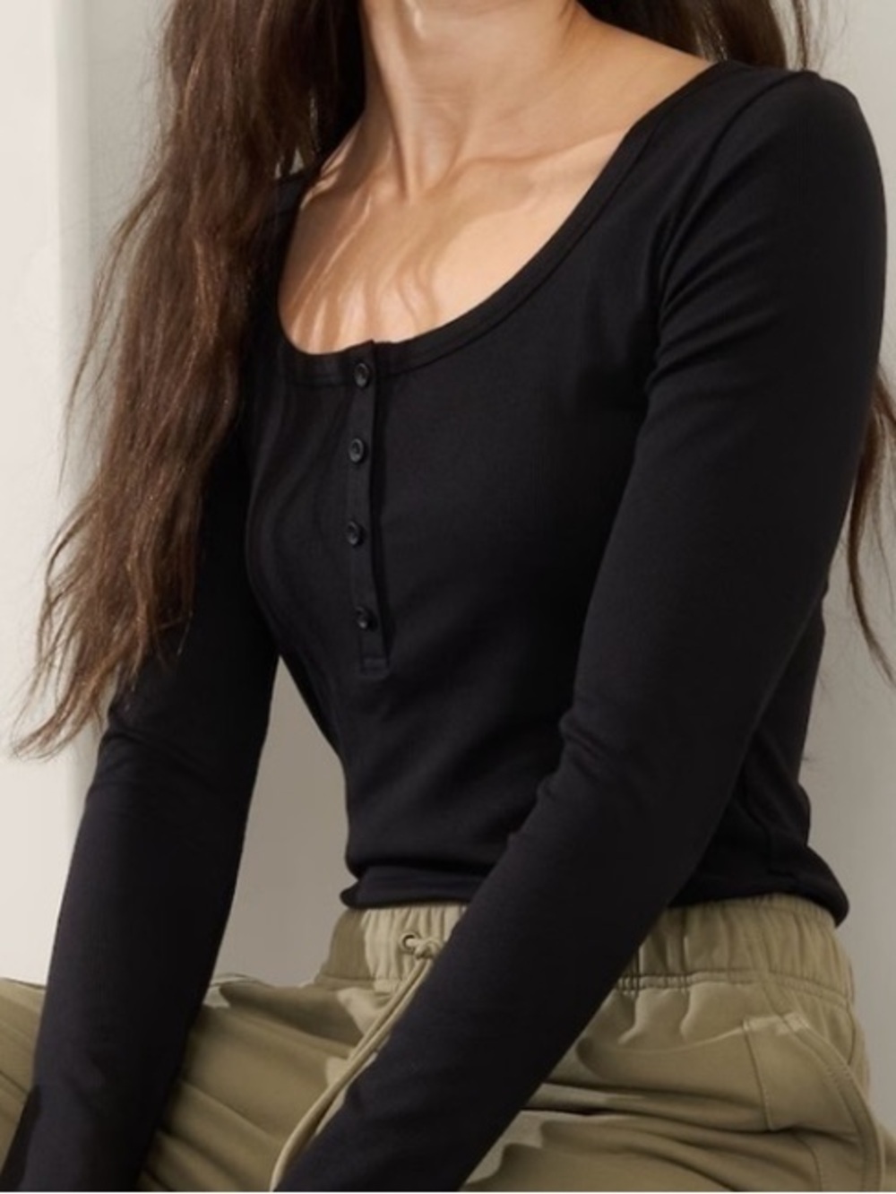 Athleta Rib Henley Top Black Long Sleeve XS Fitted Tencel Modal NWT